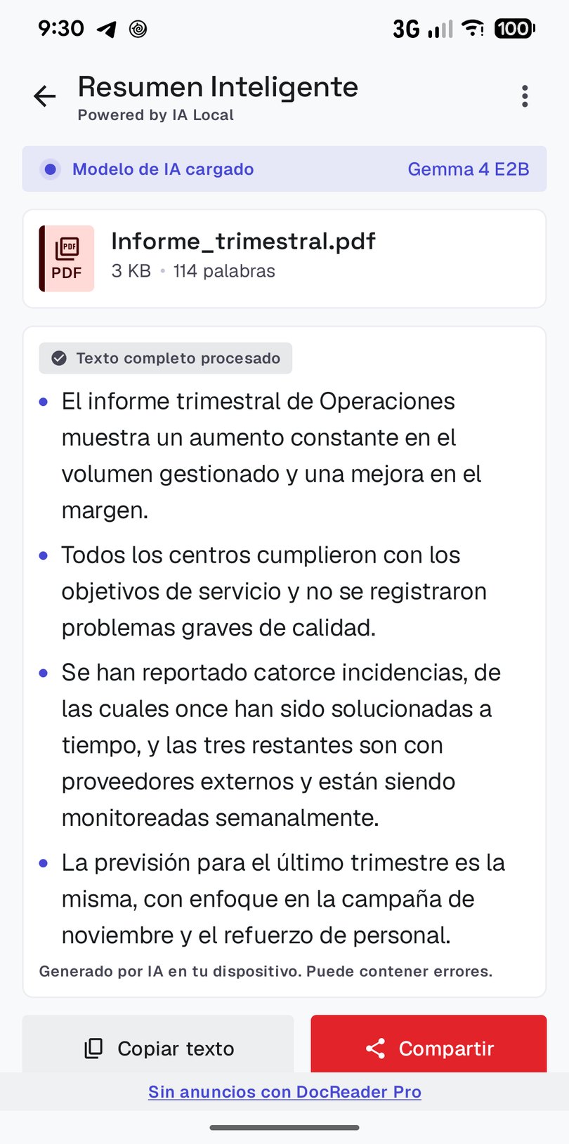 Pantalla de resumen con IA de DocReader en un móvil Android
